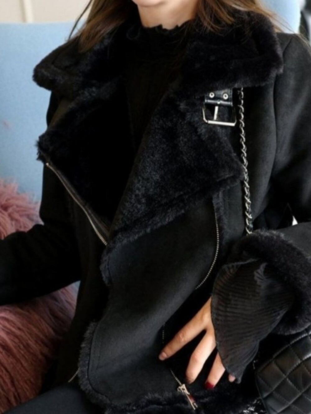 Faux Suede Fur Lined Moto High Collar Jacket